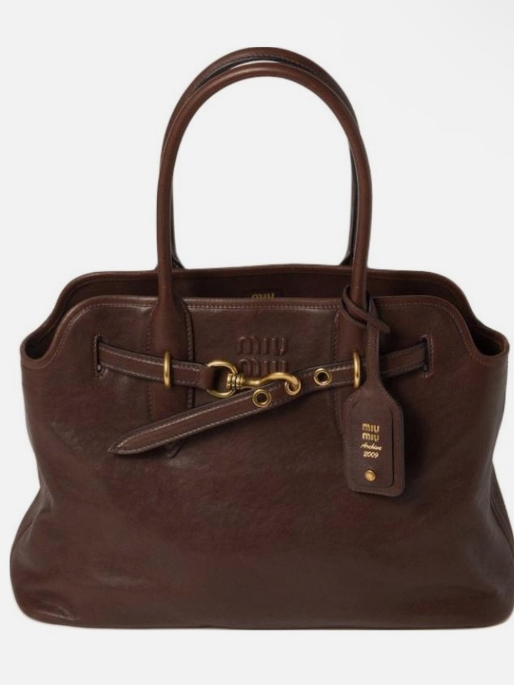 Miu Miu adventure Dark Brown Leather Structured Tote with Gold Hardware